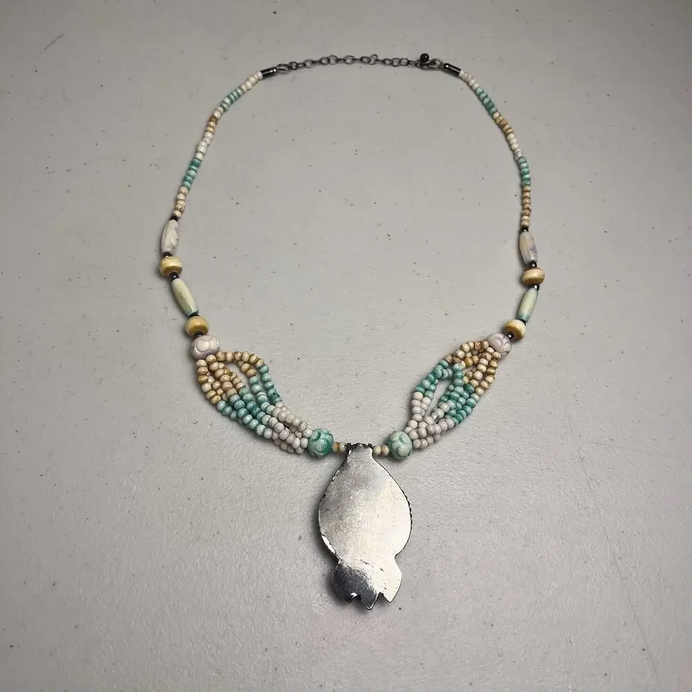 Mosaic Teardrop Pendant Western Tribal Multi Strand Beaded Necklace Silver Tone